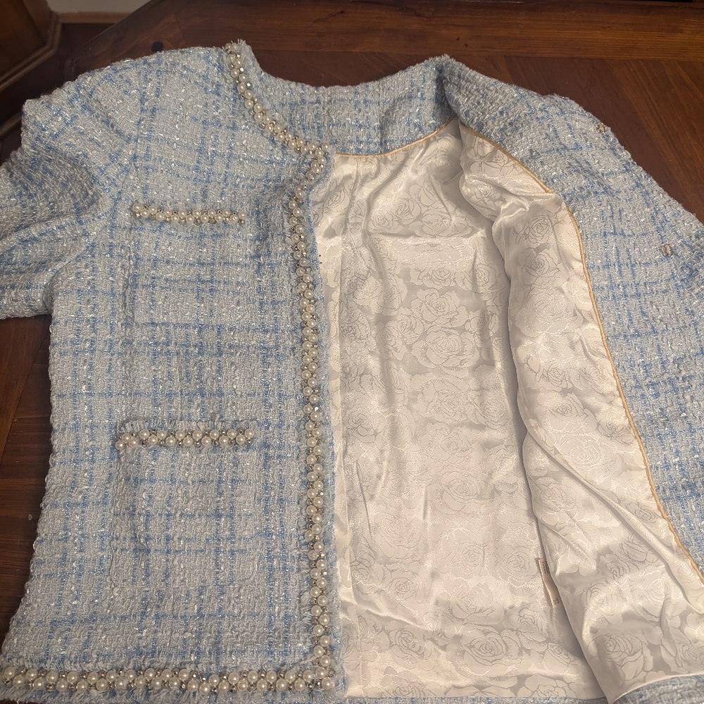 Pearl Embellished Ice BlueTweed Jacket NWOT Sz L Runs small See Pic Measurements - Picture 5 of 9